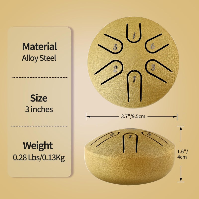 Yahpetes Steel Tongue Drum Musical Percussion Instrument Metal Rain Drum for Outside 3 Inch 6 Notes C-Key for Meditation Yoga Education Percussion with Bag, Music Book, Mallets (3"6 tone, Gold) - Image 2